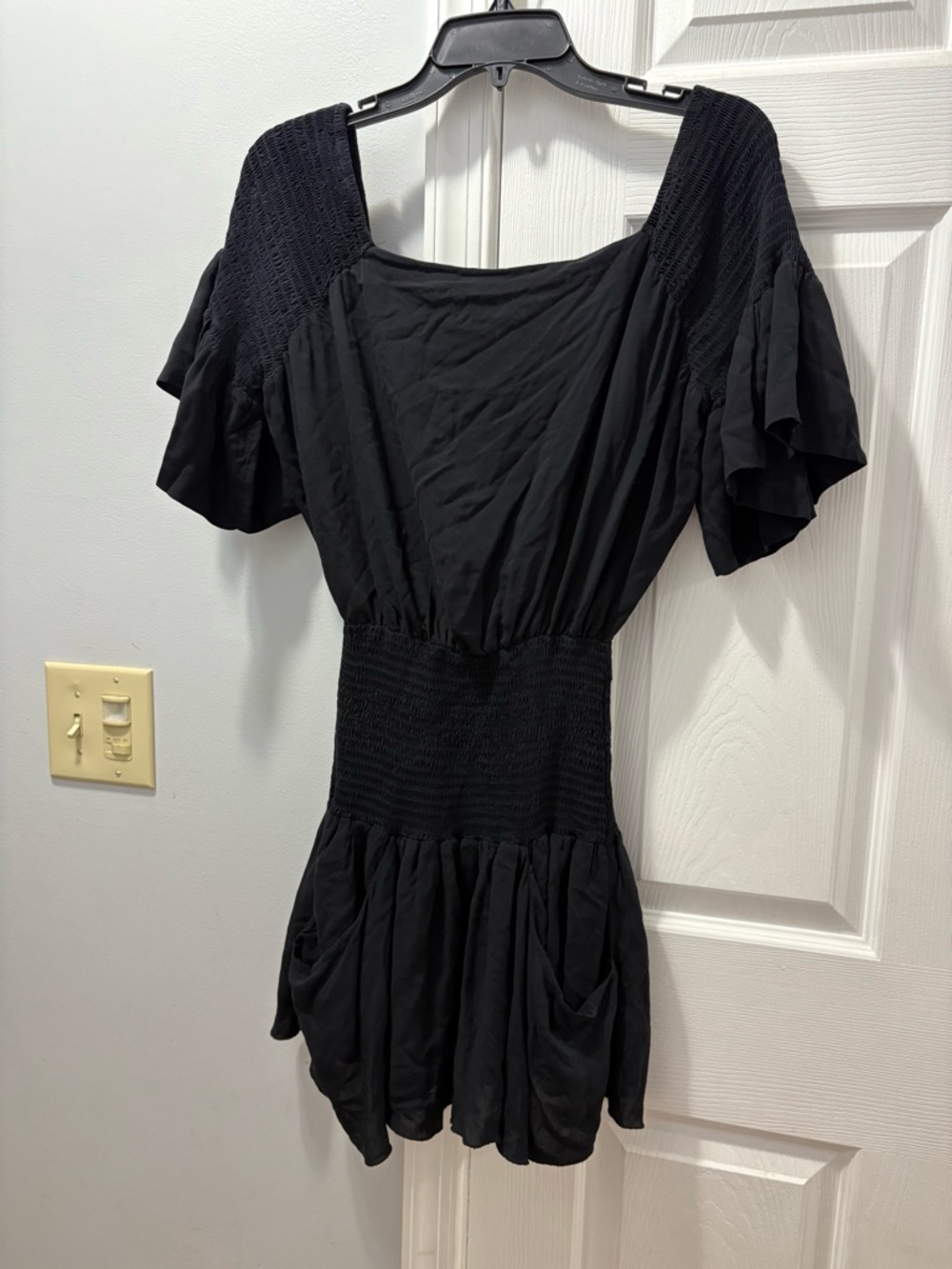 Free People Smocked Mini Dress With Pockets Open Back Size XS